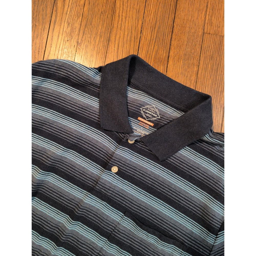 St Johns Bay Mens Blue Striped Performance Polo Shirt Large Quick Dri Pocket‎
